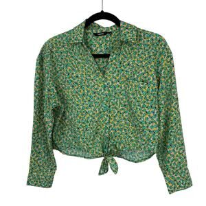 Nuon Tie waist crop Blouse size Small Green Ditzy Flowers Long Sleeve Button up